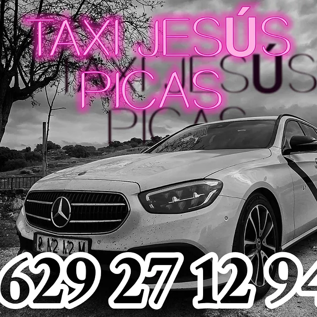 Taxi Jesús Picas en letras de Neon rosa con fondo de foto en Blanco y negro de Mercedes Benz E220 Statate blanco